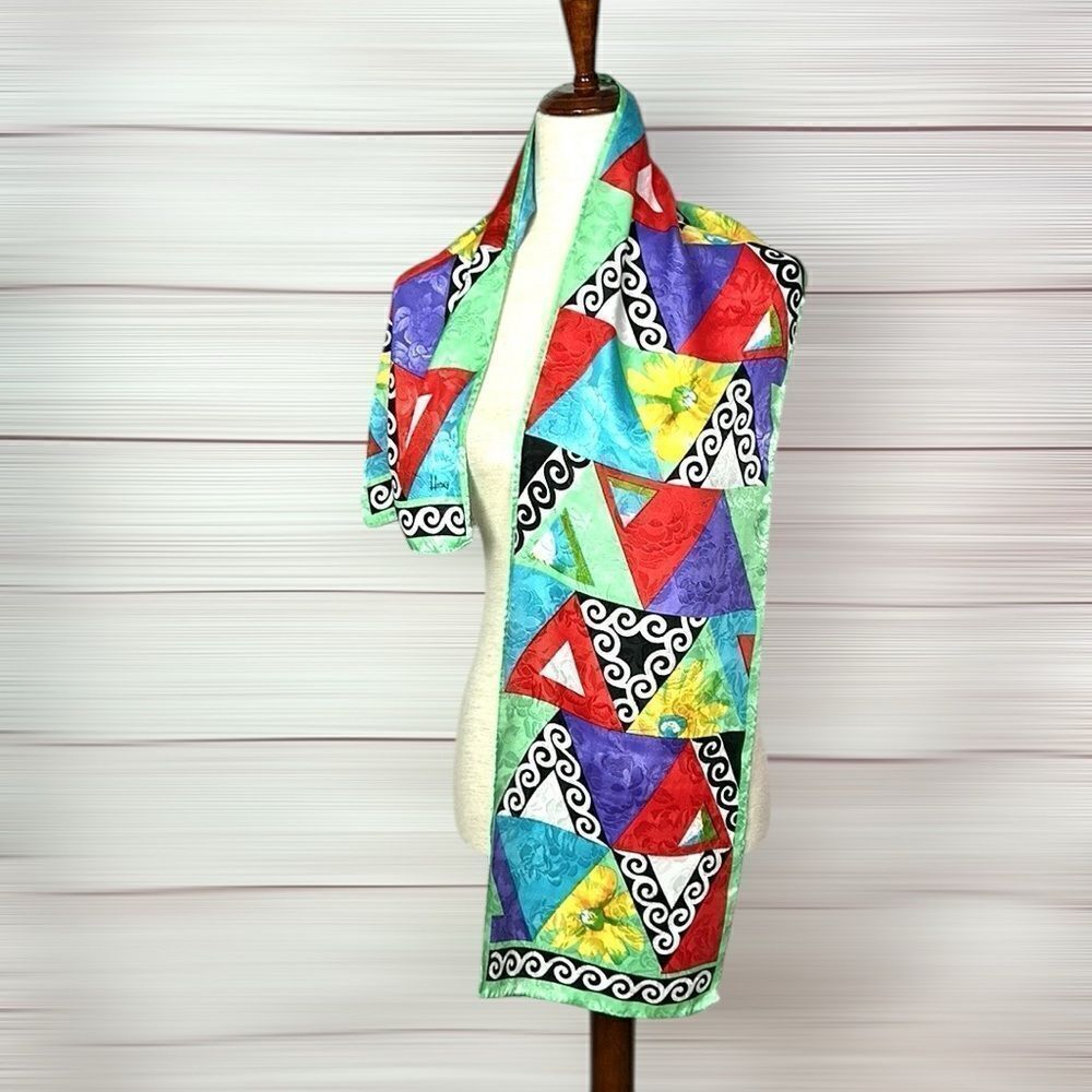 HONEY Silk Rectangle Scarf Colorful Geometric Pattern - Picture 6 of 7